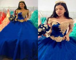 Royal Blue With Gold Lace Prom Pageant Dresses Ball Gown For Sweet 16 Girls Off Shoulder Organza Laceup Quinceanera Dress Vestido5500403