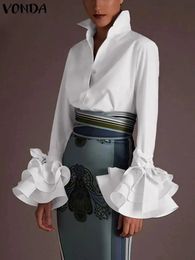 Plus Size 5XL VONDA 2024 Fashion Women Shirts White Blouse Long Flare Sleeve Tops Tunic Casual Solid Buttons Blusas Femininas 240508