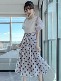 Work Dresses Summer Two Piece Set Women Outfit 2024 Purple O-Neck Puff Sleeve Shirt Polka Dot Skirt Causual Fashion Suit