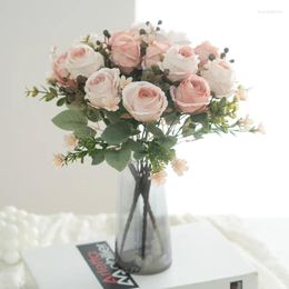 Decorative Flowers 30cm Rose Pink Silk Bouquet Peony Artificial Flower 5 Big Head 7 Branches Bride Wedding Home Decoration