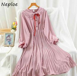 Neploe Doll Collar Lace Up Bow Design Sweet Dress Women High Waist Hip A Line Draped Vestidos Pullover Long Sleeve Solid Robe 21049550497