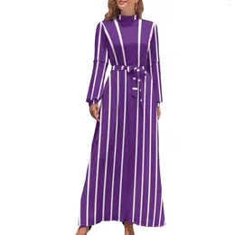 Casual Dresses Purple And White Striped Dress Vertical Stripes Print Cute Maxi Streetwear Beach Long High Waist Vestidos