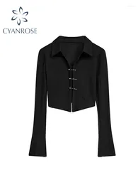 Women's Blouses Women Black Gothic Shirts 90s Aesthetic Y2k Vintage Harajuku Elegant Fashion V-Neck Long Sleeve Shirt 2000s Clothes 2024