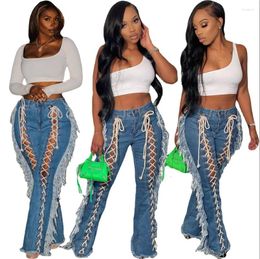 Women's Jeans Design Straight Tassels Women Sexy Cut Out Corn Lace Up Flare Bottom Summer Plus Size Women's