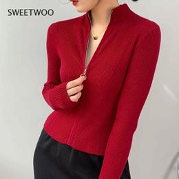 Women's Knits Autumn Elegant High Neck Zipper Knitted Sweater Women Solid Basic Cropped Cardigan Winter Fashion Clothing 2024 Korean Slim