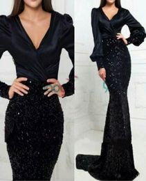 Sparkle Mermaid Black Evening Dresses Long Sleeves VNeck velvet beaded Party Gowns Arabic Qatar Vestidos Prom Dress9592613