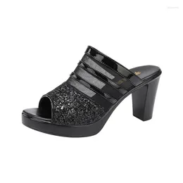 Slippers 8cm Small Size 32-43 Elegant Glitter Mesh Breathable Summer Platform Shoes 2024 Block High Heels Slides For Party Model