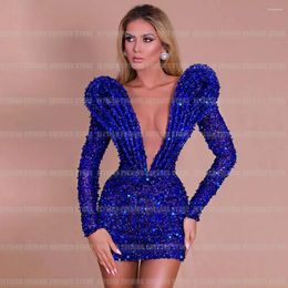 Party Dresses Luxury Sparkle Evening Cocktail Simple Mermaid Glitter Sexy V Neck Glisten Beads Long Sleeve Prom Gowns Mini Skirt
