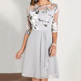 Casual Dresses Women Dress Floral Print O-Neck Flower Pattern Breathable Irregular Hem Knee Length Three-Quarter Sleeve Decorative