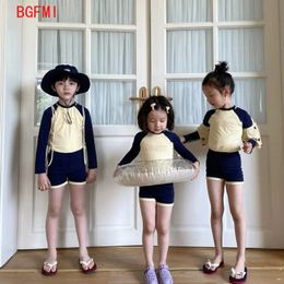 Korean Girl Swimwear Baby Boys Summer Swimsuit Long Sleeve Sunscreen Tops Elastic Waist Swim Trunks Hat Kids 3Pcs Bathing Suit 240518