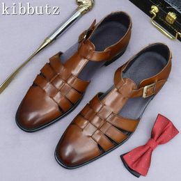 Sandals Men's Woven Genuine Leather Cover Toe Flat-Bottomed Roman Buckle Sandal Summer Leisure Business Beach Shoes