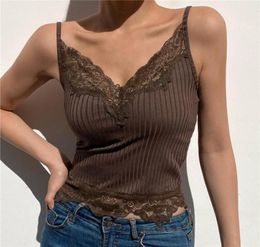 Women039s Tanks Camis Brown Lace Trim Ribbed Tops Women Summer Sexy V Neck Cami Vest Vintage 90s Y2K Crop Top Gobincore Fairy6801175