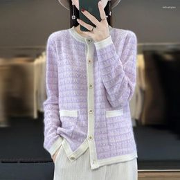 Women's Knits Autumn Winter Merino Wool Cardigan Round Neck Knitted Clothing Fashion Small Fragrance Contrast Coat Top