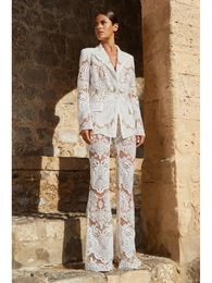 HIGH STREET est 2024 Designer Runway Suit Set Womens Single Button Guipure Lace Sequined Blazer Pants Suit 240517 240518