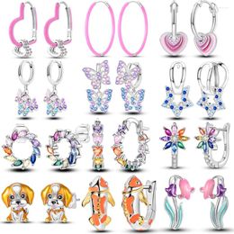 Hoop Earrings Silver Plated Pink Heart Shape Butterfly Colorful Zircon Jewelry Gift For Women Girl Party Engagement