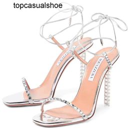 Aquazzura Aura quality Diamond High Heel top Sandals Leather Crystal Decoration 10.5CM SlimHigh Heels Luxury Designer Wedding Shoes Women's Leggings Lace up