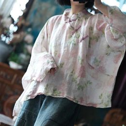 Women's Blouses Femme Floral Print Ramie Summer Blouse Chinese Style Slanted Button Women Shirt Elegant Loose Literary Top Plus Size