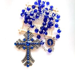 Cottvott Pray Chaplet Baptism Gothic Retro Blue Crystal Beaded Chain Rhinestone Cross Medalla Milagrosa Rosary Necklace Jewellery 240518