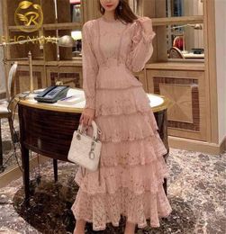 pring Summer Pink Lace Embroidery Maxi Dress Female Full sleeve high waist Ruffle elegant Long party dresses Woman 2105156123074