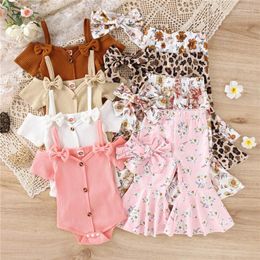 Clothing Sets 0-24months Baby Girl 3pcs Summer Outfits Short Sleeve Cold Shoulder Romper Flare Pants Headband Infant Girls Set