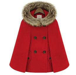 Autumn Winter Double Breasted Cloak Cape Woollen Coat Women Red Fur Hooded Tweed Poncho Thick Warm Batwing Sleeve Loose Outwear LJ2503073
