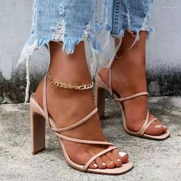 Dress Shoes Women Sandals 2024 Summer Fashion Orange Ankle Cross Lacing Sexy Square Toe Party High Heels Mainland China