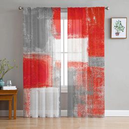 Curtain Red Grey White Oil Painting Abstract Geometric Sheer Curtains For Living Room Decor Window Kitchen Tulle Voile
