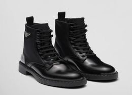 Brushed Leather ReNylon Ankle Boots Winter Fashion Black Recycled Enameled Metal Triangle Combat Boot Chunky Lug Sole Platform Mo9631125