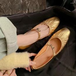 Casual Shoes Pleated Fashion Ballet Flats Women Leather Shoe Buckle Strap Silver Gold Square Toe 2024 Spring Women's