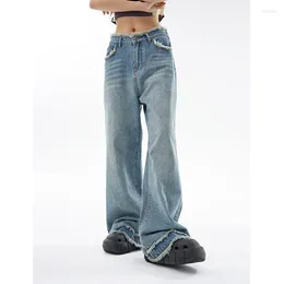 Women's Jeans Korean Fashion Wide Leg Burr Edge Baggy Denim Trouser Vintage High Waist Street Style Blue Straight Pants