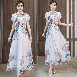 Ethnic Clothing 2024 Chinese Vintage Dress Improved Cheongsam National Flower Print A-line Qipao Oriental Banquet Party Evening