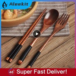 Dinnerware Sets Wooden Spoon Fork Chopsticks Cutlery Set With Storage Bags Japanese Style Lunch Utensil Case Reusable Ooden Travel