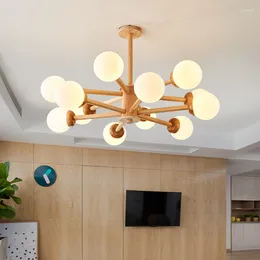 Chandeliers Solid Wood Chandelier With Glass Lampshades For Living Room Modern Natural Wooden Lustres Dining Lights Bedroom Lamps Fixtures