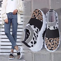 Casual Shoes Women Leopard Print Sneaker Walking Fitness Sport Chunky Platform Height Increasing Breathable Loafers Elastic Trainers