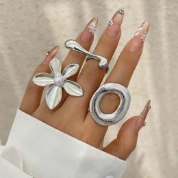 Cluster Rings Exaggerated Metal Big Flower Pearl Open Ring For Women Men 2024 Trendy Silver Colour Irregular Geometric Finger Jewellery Gift