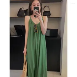 Casual Dresses Women's Green Suspender Dress Drape Design Loose And Noble Temperament V-neck Sexy Summer Long Section Folds Korean Fashion
