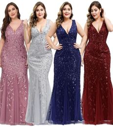 Plus Size Sleeveless Cocktail Dress V Neck Back Mermaid Party Prom Gowns Tulle Sequins Full estidoes Women 2205108727754