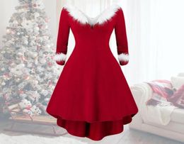 Casual Dresses Xmas Longsleeved VNeck Party Dress White Plush High Low Hem Patchwork Waist Tight Large Christmas Cosplay Costum7731046