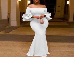 African Ladies Party Long Dress White Slash Neck Ruffles Bodycon Mermaid Floor Length Elegant Evening Dinner Night Vestidos 2105102608629