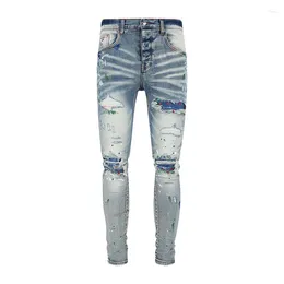 Men's Jeans Street Fashion Painted Retro Wash Blue Elastic Tight Split Patches Latest Designer Hip Hop Brand Pants
