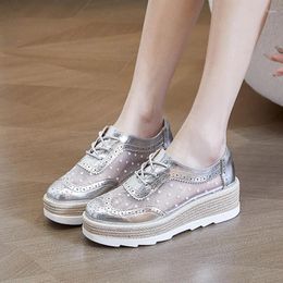 Casual Shoes 2024 Designer Air-mesh Platform Brogue Woman Lace Up Leather Patchwork Silver Flats Female Breathable Wedges