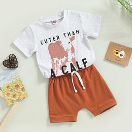 Clothing Sets Blotona Toddler Summer Clothes Cow Letter Print Short Sleeve T-shirt And Stretch Casual Shorts Set For Boys Girls 0-24Months