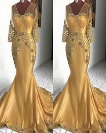 Gold Mermaid African Evening Dresses V Neck Appliqued Beaded Long Sleeves Prom Dress Plus Size Women Formal Mother Of the Bride Dr1361784
