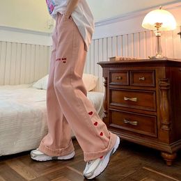 Women's Jeans Harajuku Hippie Palazzo Pants Women Retro Pink Love Embroidery Female Korean Student Loose Straight High Waist Thin