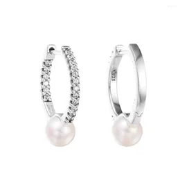 Hoop Earrings 925 Sterling Silver Earring Treated Freshwater Cultured Pearl & Pave For Women Ear Original Jewellery Penntes