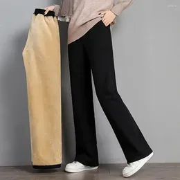 Women's Pants Women Autumn Winter Fleece Lining Elastic High Waist Straight Wide Leg Solid Colour Loose Fit Long Trousers