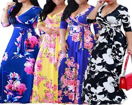 European and American plus size Casual Dresses women039s Vneck printed laceup waist long skirt9272592