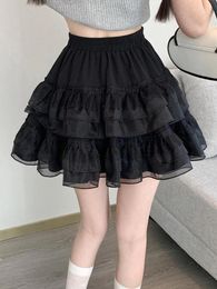 Skirts Pleated Skirt Sexy Lace Design Short Mini Black Summer High Waist Ruffles Sweet Tie Preppy Style Casual