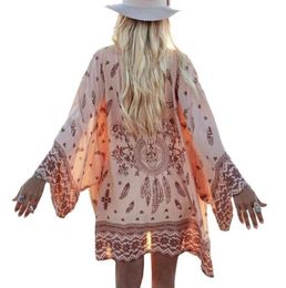 Women Summer Chiffon shirt Blouse Beach Boho Kimono Cardigan Floral Printed Long Sleeve Casual Loose Long Cover up2529874