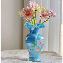 Vases Ins High Beauty Flower Bottle Blue Hand Painted Glass Vase Relief Texture Plant Living Room Dining Table Home Decoration